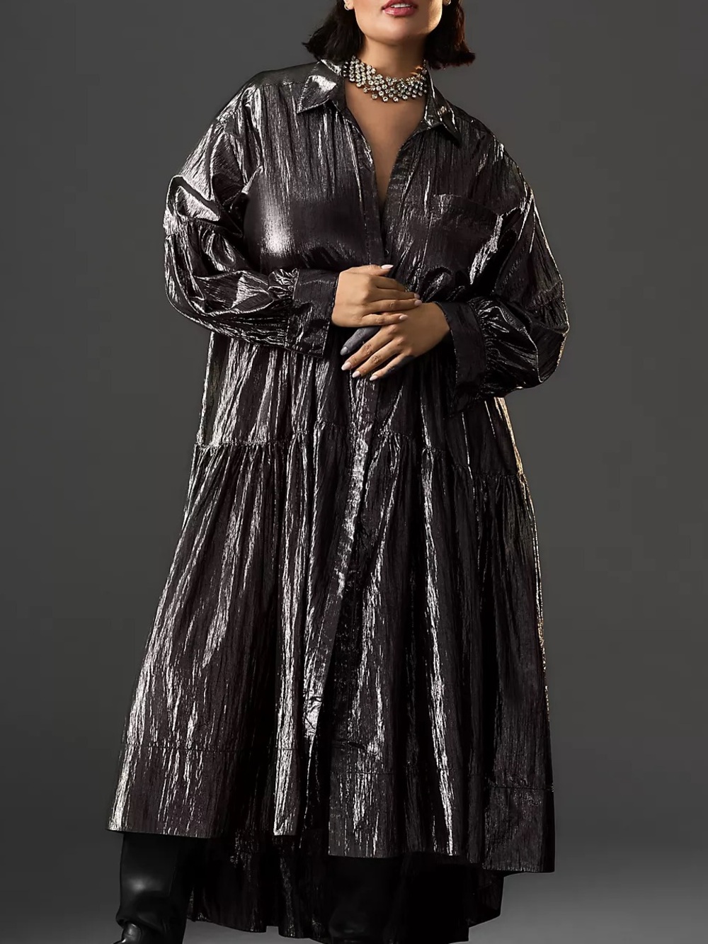 Pilcro Long-Sleeve V-Neck Metallic‎ High-Low Dress